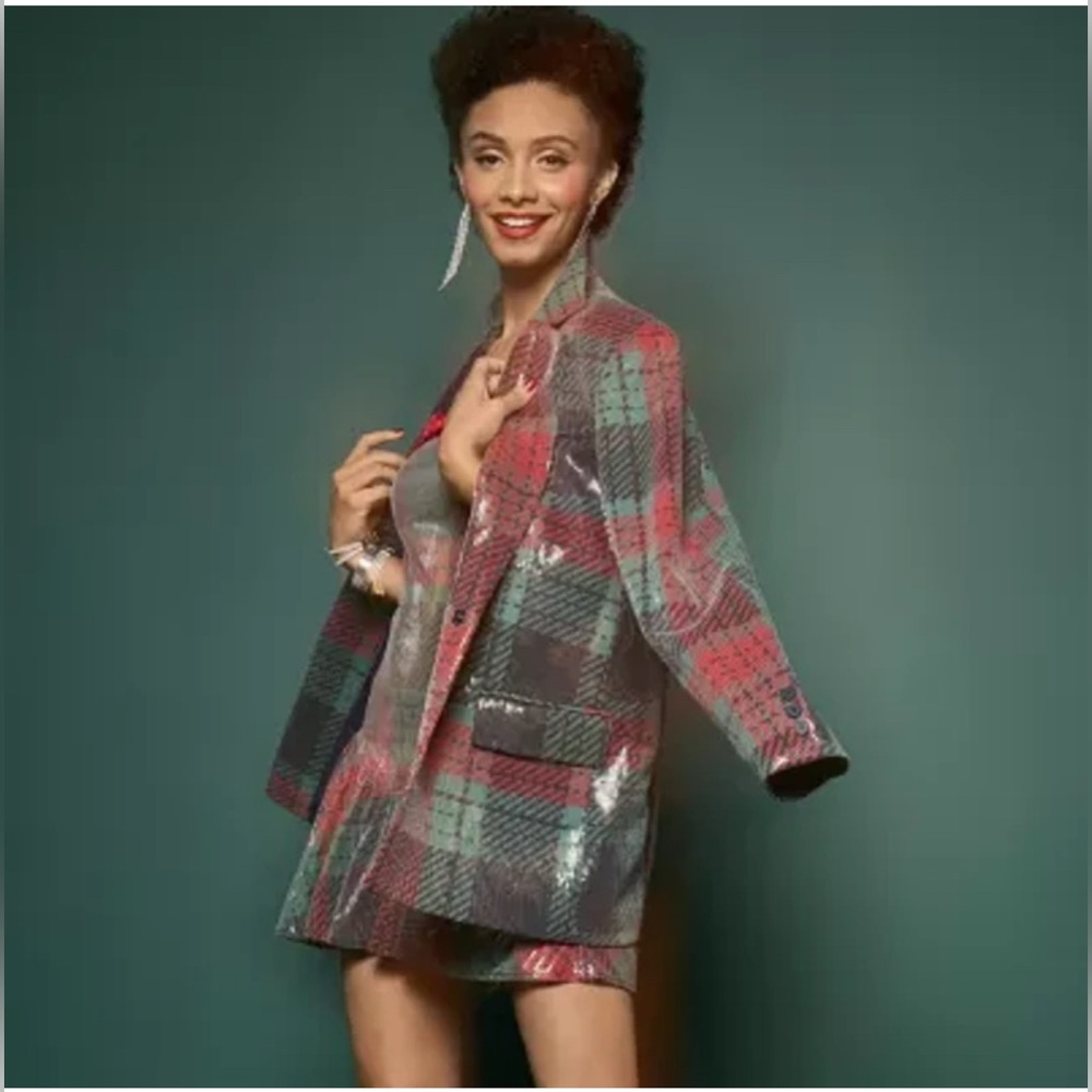 NEW Johnny Wujek Sequin Plaid Holiday Blazer S $149